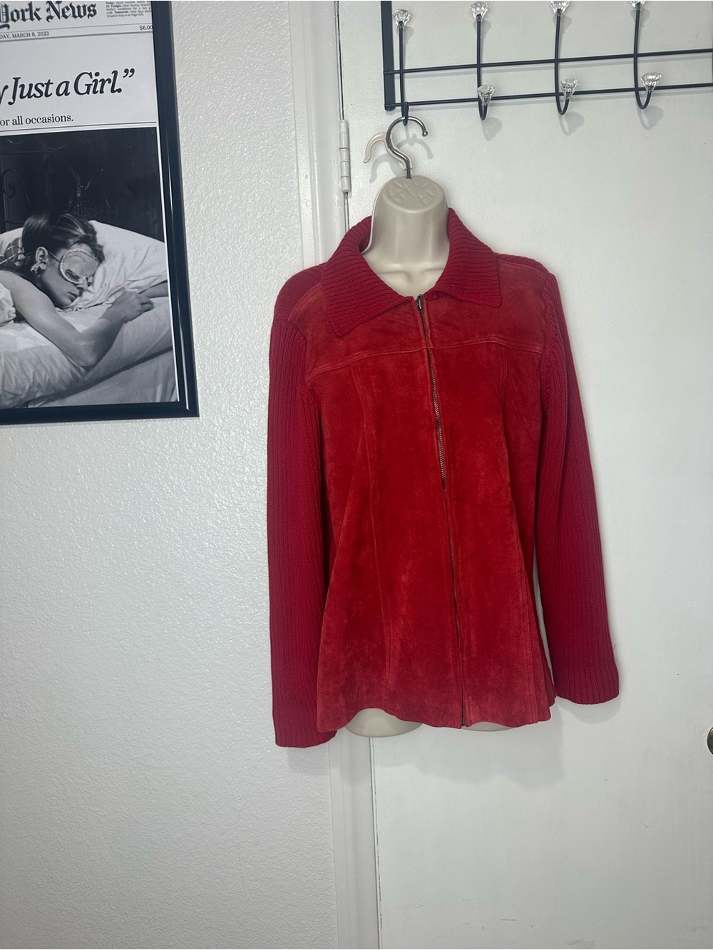 Denim&Co Red Suede Knit-Sleeve Zip Jacket